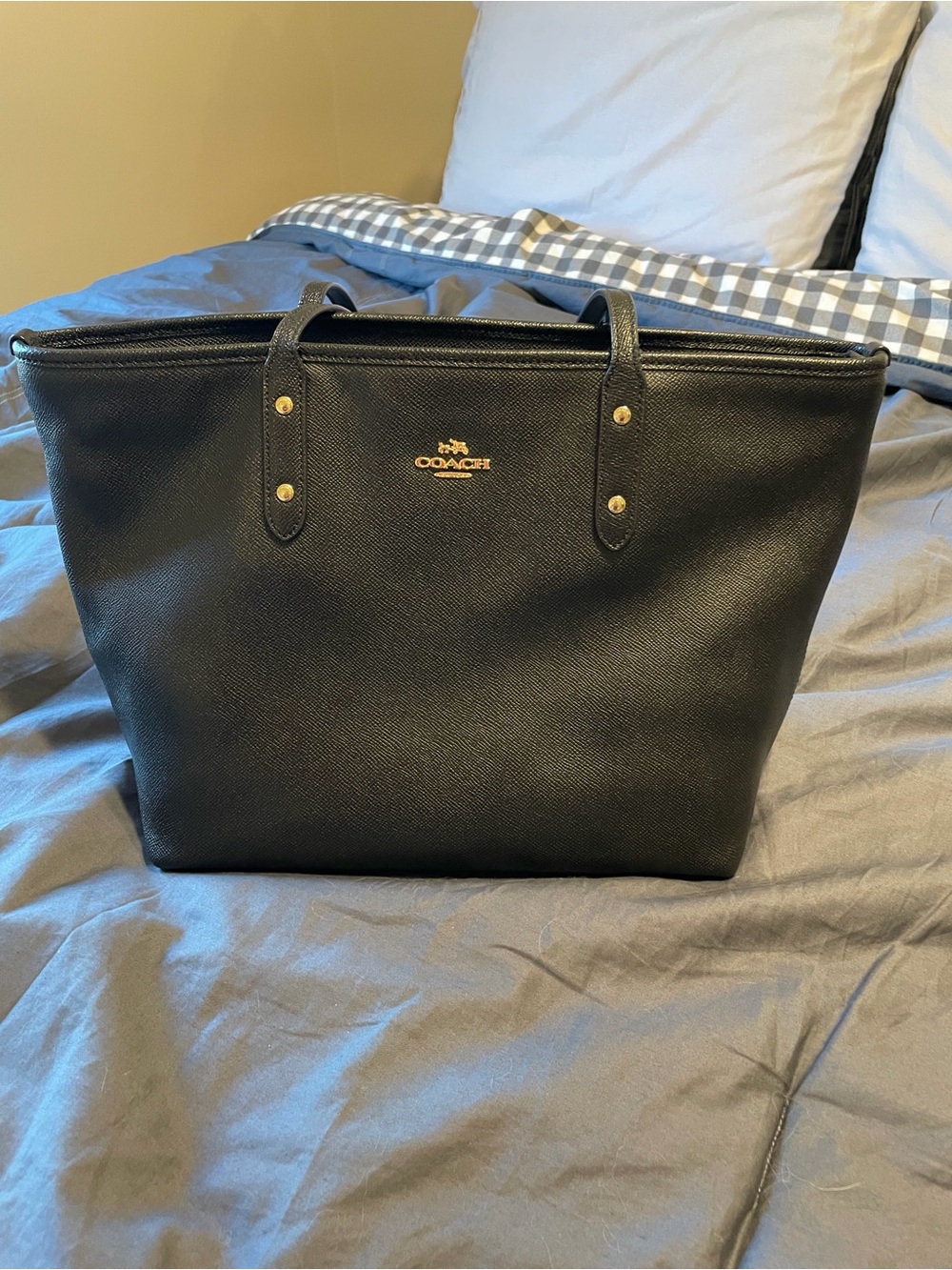 Coach Black Leather Tote with Gold Hardware